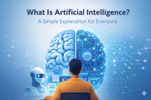 Illustration explaining artificial intelligence with a human brain and a digital AI brain connected by data networks