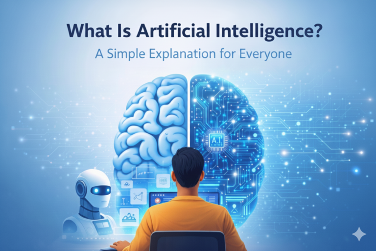 Illustration explaining artificial intelligence with a human brain and a digital AI brain connected by data networks